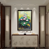 新中式客厅卧室背景画装饰画纯手绘工笔油画含外框【荷花-油画】