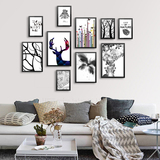 简约风格北欧风尚客厅装饰画黑白卧室创意组合照片墙画抽象鹿壁画