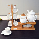 包邮欧式英式纯白色陶瓷下午茶咖啡套装茶具搭竹木架糖罐奶罐勺子