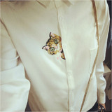 欧时力2015秋装新款打底白衬衫女长袖猫咪刺绣韩版文艺女士棉衬衣