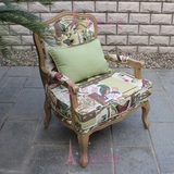 美式乡村实木复古单人布艺沙发印花脚踏休闲椅法式单个沙发椅围椅