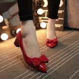 【天天特价】漆皮红色婚鞋高跟小码尖头中跟粗跟浅口蝴蝶结女单鞋