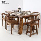 老榆木餐桌椅组合中式实木餐桌原生态实木长方形复古咖啡餐厅餐桌