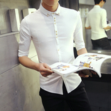 夏季男士潮流五分袖衬衫韩版修身型短袖衬衣中袖寸衫青年男装上衣