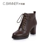 C.BANNER/千百度2015冬新款牛皮高跟方跟系带裸靴女靴A5521803