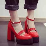 2014新款女鞋韩版粗跟高跟鞋防水台坡跟单鞋女厚底鞋搭扣婚鞋红色