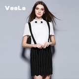 VeeLa2016夏新款时尚一步裙套装领结衬衣条纹吊带两件套连衣裙