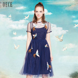 【F】Oece2016夏装新款复古刺绣欧根纱修身圆领短袖连衣裙