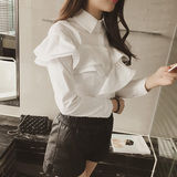 韩版2016春装新款POLO领单排扣长袖荷叶边衬衫白色修身显瘦女装潮