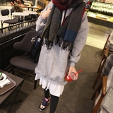 韩国进口东大门女装代购 2015冬季百搭加绒拼接下摆连帽中长卫衣