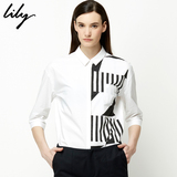 Lily2016夏新款女装商务休闲黑白几何全棉七分袖衬衫116249C4921