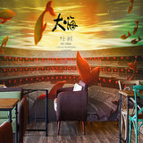 复古怀旧日式刺身海鲜饭店餐厅主题房壁纸墙纸大鱼海棠壁画背景墙