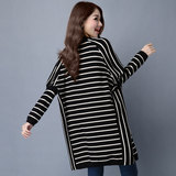 正品牌韩版春秋条纹羊毛针织开衫女式中长款外搭大码长袖毛衣外套