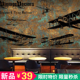 3d立体欧式复古黑白铁锈飞机涂鸦大型壁画客厅酒吧工业风壁纸墙纸