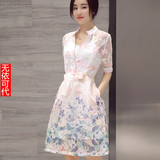 2016夏装新品 韩版修身短袖印花两件套欧根纱连衣裙薄中长款裙子