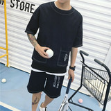 夏季韩版男士宽松牛仔短裤套装五分裤青少年一套夏天衣服潮男短袖