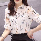 2016春夏女装韩版印花雪纺衬衫上衣女小香风宽松长袖立领打底衬衣