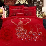 婚庆纯棉四件套大红色结婚全棉加厚磨毛床上用品床笠款