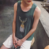 夏装16韩版日系男士宽松运动背心文艺青少年卡通印花纯棉打底汗衫