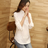 白衬衫女2016春装新款韩版大码中长款长袖棉麻衬衣白色休闲打底衫
