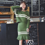 秋冬新款条纹时尚套装韩版女装鱼尾包臀中裙长袖毛衣学院风两件套