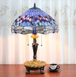 人气欧式艺术床头台灯卧房灯餐厅桌灯彩色玻璃蒂凡尼蓝色蜻蜓灯罩
