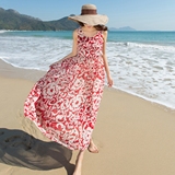 2016旅行波西米亚夏雪纺度假沙滩裙长裙圆领拖地长裙子吊带连衣裙