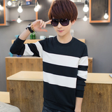 韩版夏季条纹男士卫衣圆领套头青少年修身长袖上衣服学生打底衫潮
