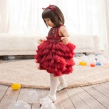 2016新款夏装韩版童装女童连衣裙蛋糕公主裙儿童裙子红色演出礼服