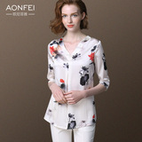 Aonfei夏季新款女装真丝上衣V领中袖印花衬衣大码修身桑蚕丝衬衫