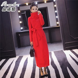 大红色长款羊毛呢子大衣女2016秋冬新款韩版系带收身显瘦保暖外套