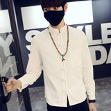 男士衬衫纯色春季韩版修型身立领长袖棉麻衬衣 青年大码日系复古