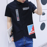 2016夏季新款男装青少年休闲尖领修身韩版长款短袖衬衫时尚潮男