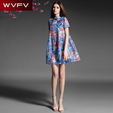 WVFV2016夏季新款女装复古旗袍真丝麻印花短袖A字宽松显瘦连衣裙