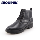 SHOWPLUS/秀派春款高帮英伦风马丁靴女短靴前系带短筒中跟真皮鞋