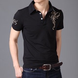 夏季男士短袖t恤青年韩版修身翻领绣花民族风大码体恤衫男装半袖