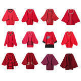 秋冬装孤品复古古着vintage红色系条纹立体钩花手工编织和服毛衣