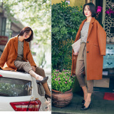 韩版新款纯色暖红冬季文艺茧型宽松中长款毛呢大衣外套女