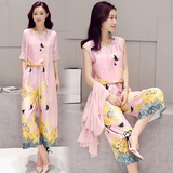 2016夏季新款 名牌女装 显瘦粉红色V领韩版套头常规无袖三件套装