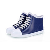 蓝色白底韩版时尚水鞋运动风格个性短筒系带雨靴平跟超酷女士雨鞋