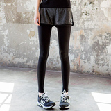 韩版女春秋跑步健身裤 假两件弹力紧身速干运动裤显瘦打底长裤