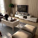 欧式电视柜茶几组合白色烤漆实木可伸缩田园韩式储物地柜客厅家具