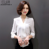巨棉2016春季新款女装v领白色雪纺衬衫长袖韩版职业修身显瘦衬衫