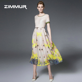 ZIMMUR2016夏季新款女装圆领短袖气质修身长裙蝴蝶印花连衣裙长款