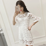SIS姐妹衣橱夏装新款韩版优雅修身显瘦欧根纱蕾丝镂空中袖连衣裙