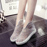 蘑菇街性感夏季新款韩版网纱透气女鞋蕾丝亮片网面鞋松糕平底凉鞋