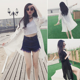 2016夏季装新款韩版中长款纯色雪纺单排扣七分袖防晒衣风衣外套女