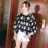 2016夏新款韩版系领圆领时尚太阳花纹九分袖宽松中长款衬衫女上衣
