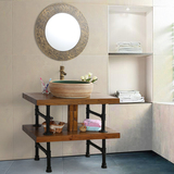 古古拉风现代中式田园乡村浴室柜组合 榆木实木洗脸台洗手盆柜
