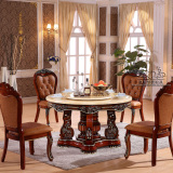 欧式奢华天然大理石餐桌描金餐台圆桌子美式全实木橡木餐桌椅组合